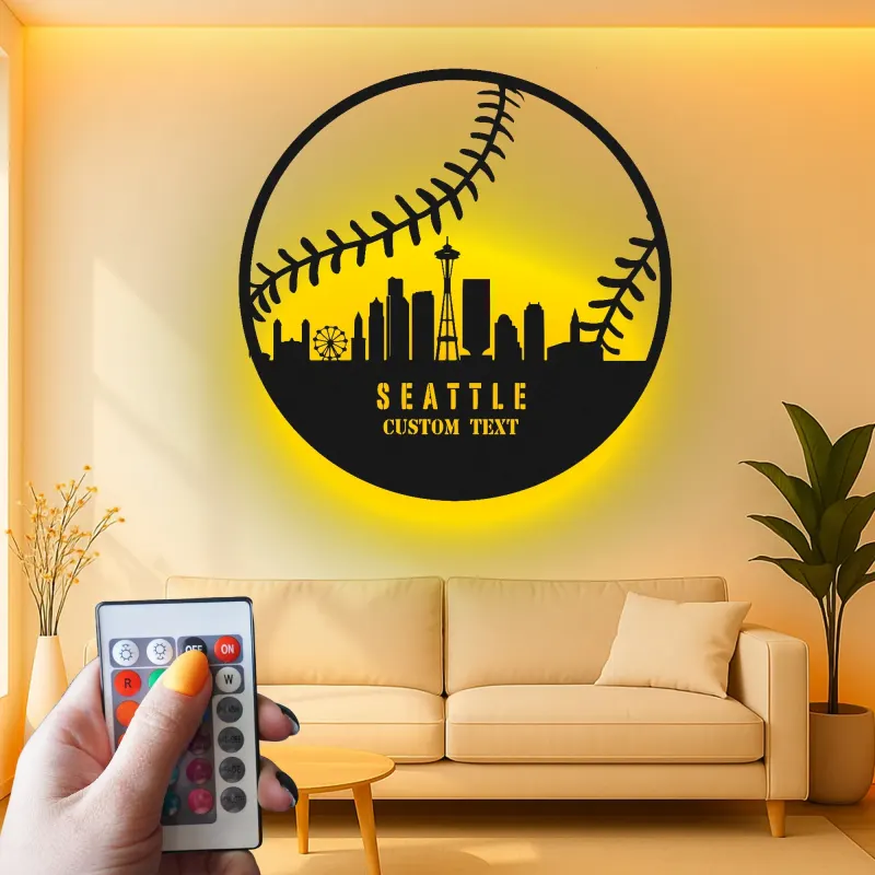 Seattle Skyline Baseball Sign | LED Metal Wall Art for Man Cave | Custom Sports Fan Gift