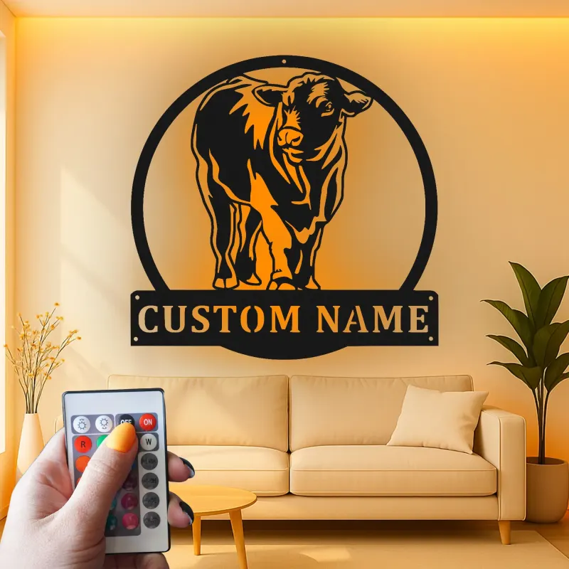 Décoration murale en métal LED personnalisée de vache - Cadeau de ferme rustique - Décor de grange