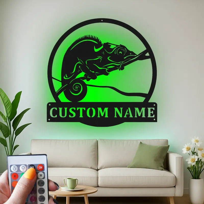 Insegna in metallo personalizzata con luce LED a forma di camaleonte, regalo unico per amanti dei rettili, decorazione per camera da letto