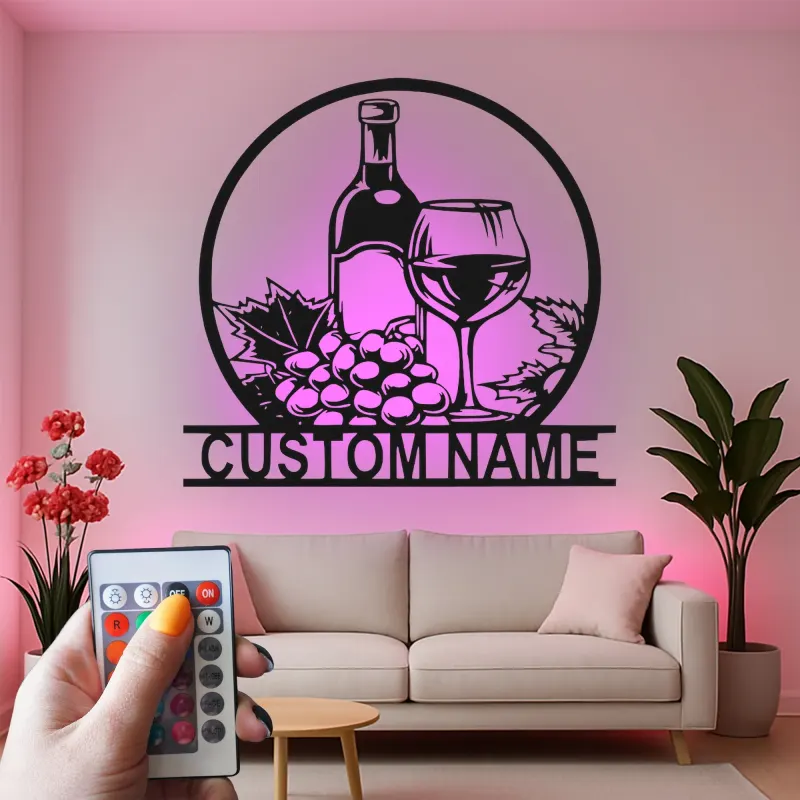 Custom Wine Bottle and Glass Led Light Metal Wall Art Personalized Wine Lover Gift Kitchen or Bar Decor