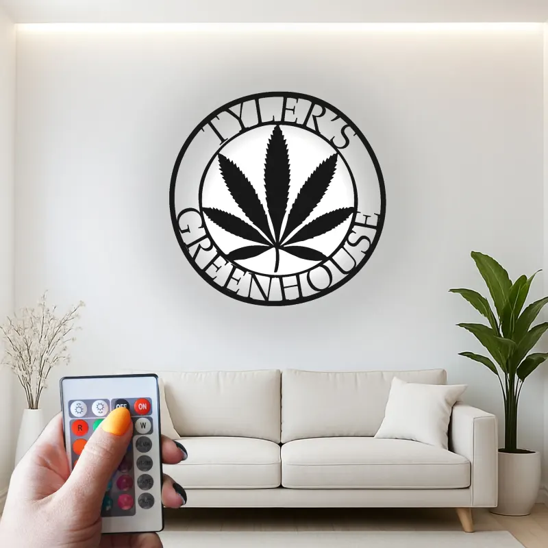 Custom Cannabis Leaf Led Light Metal Wall Art Personalized Gift for Greenhouse Enthusiasts Home Decor