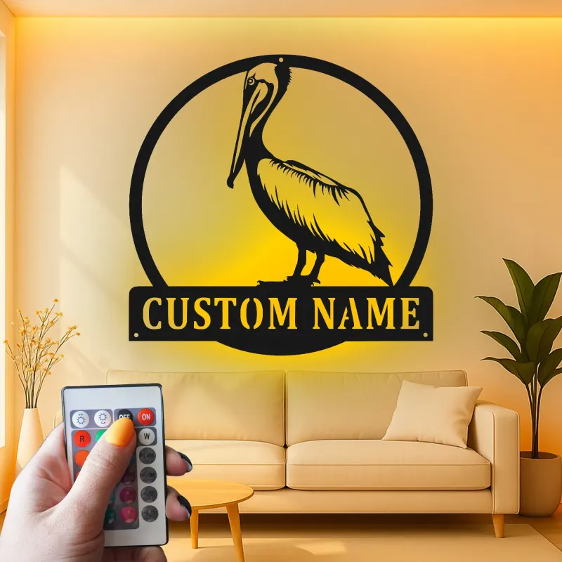 Panneau en métal LED personnalisé de pélican | Art mural côtier | Décor de maison de plage personnalisé | Cadeau en silhouette d'oiseau nautique