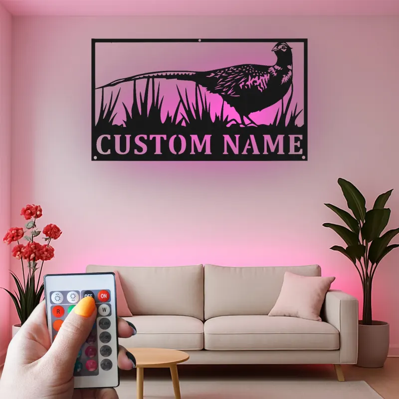 Fasan Metall Wandkunst | Personalisiertes LED-Schild für die Hütte | Individuelles Geschenk für Jäger & Lodge-Dekor