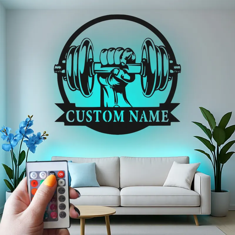 Cartel de metal LED de mancuerna personalizado para entusiastas del gimnasio