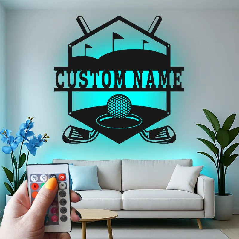 Insegna da golf personalizzata con luce LED | Arte con nome in metallo su misura per parete | Decorazione per home bar e sala giochi | Regalo per golfista