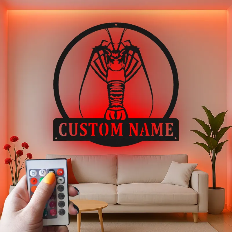 Panneau LED en métal personnalisé de écrevisse | Décor cajun personnalisé | Art de cuisine de fruits de mer extérieur