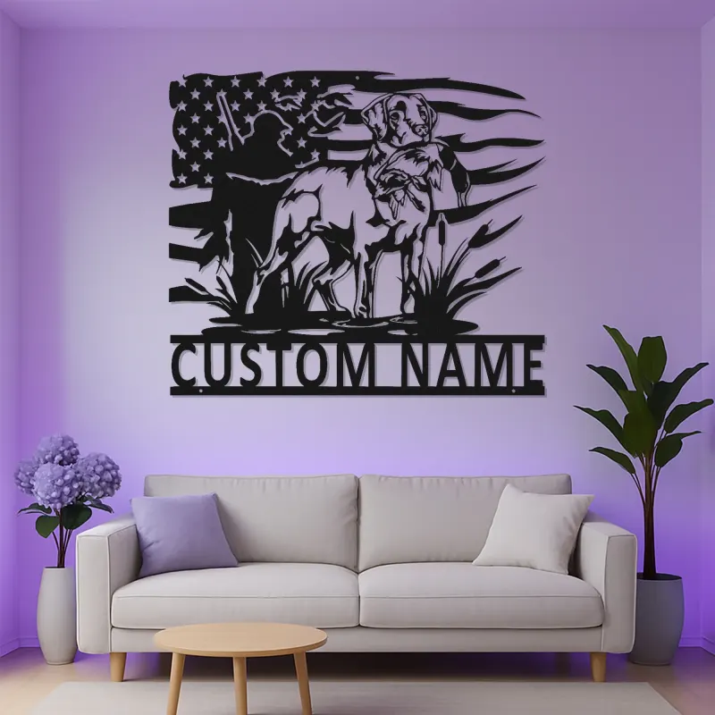Insegna LED Personalizzata con Cacciatore e Cane da Caccia | Arte Personalizzata con Labrador Retriever | Regalo Patriottico per Cacciatori | Decorazione con Bandiera Americana