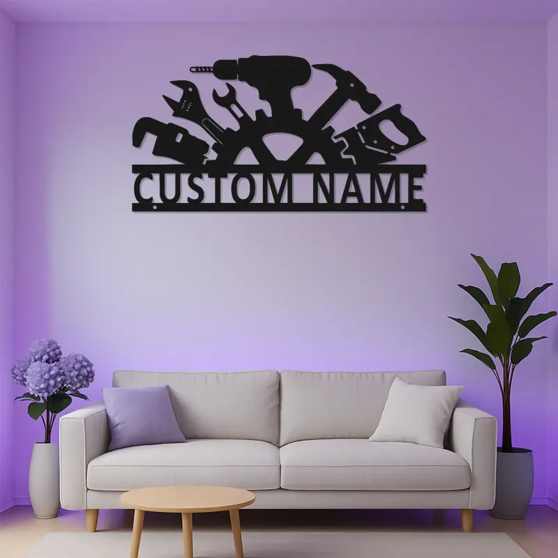 Enseigne personnalisée pour atelier | Décoration murale LED en métal | Décor de garage avec prénom | Cadeau pour menuisier ou mécanicien