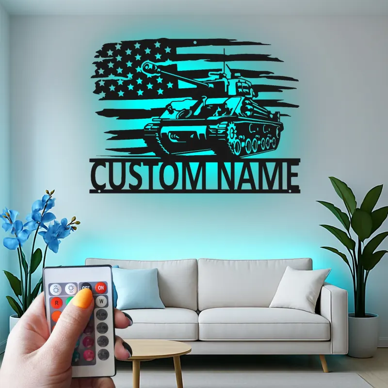 Personalized Tank Metal Art | LED American Flag Sign | Custom Military Decor for Veteran | Man Cave Wall Art