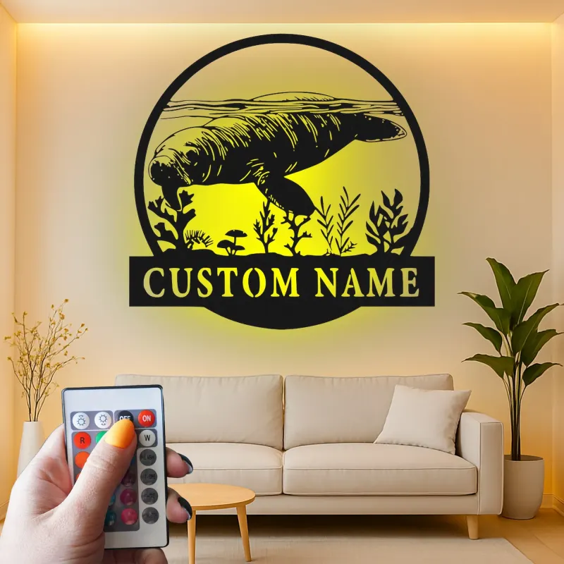 Individuelle Manatee Metall-Wandkunst | Personalisierte LED-Ozeanschild für Küstendekor | Nautisches Geschenk für das Meeresleben