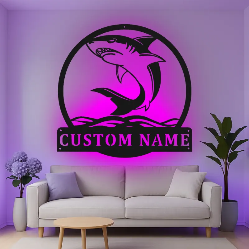 Décoration murale en métal personnalisée requin avec rétroéclairage LED, cadeau personnalisé pour amoureux de l'océan, décoration nautique pour maison de plage