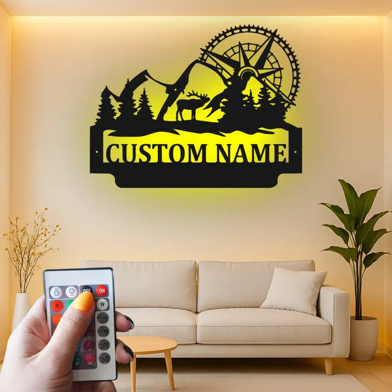Letrero LED de bicicleta de montaña y alce | Decoración mural de metal personalizada para cabaña rústica | Regalo personalizado para amantes de la aventura al aire libre y el ciclismo