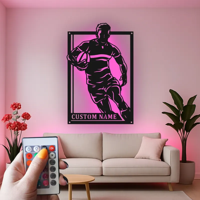Custom Rugby Player Metal Sign | Personalized LED Wall Art | Sports Decor for Game Room | Gift for Athlete Coach