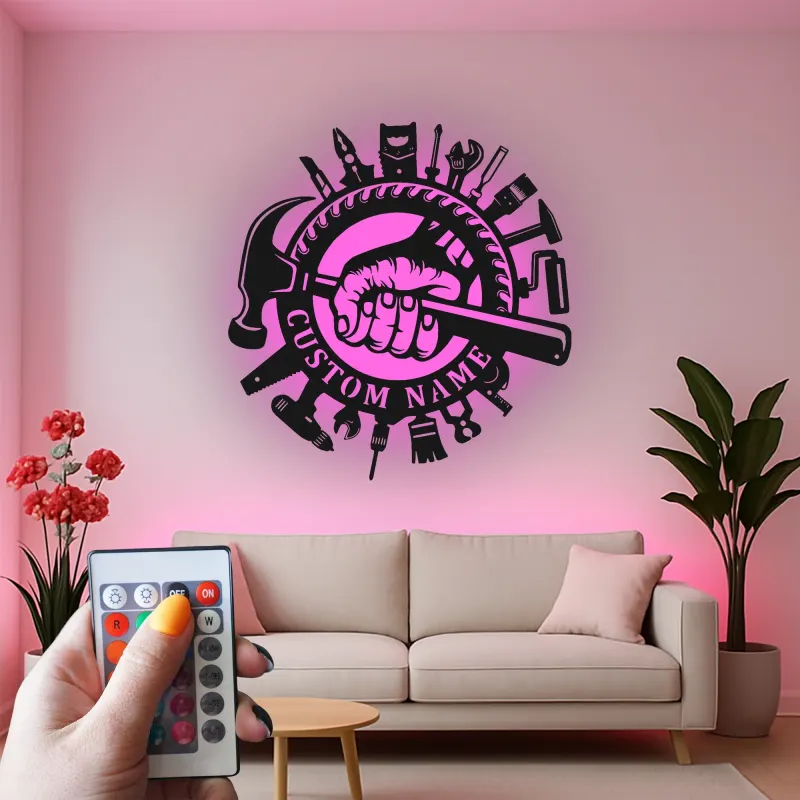 Panneau artisan personnalisé | Décoration murale LED en métal pour garage | Déco d’atelier sur mesure | Cadeau pour menuisier ou ébéniste