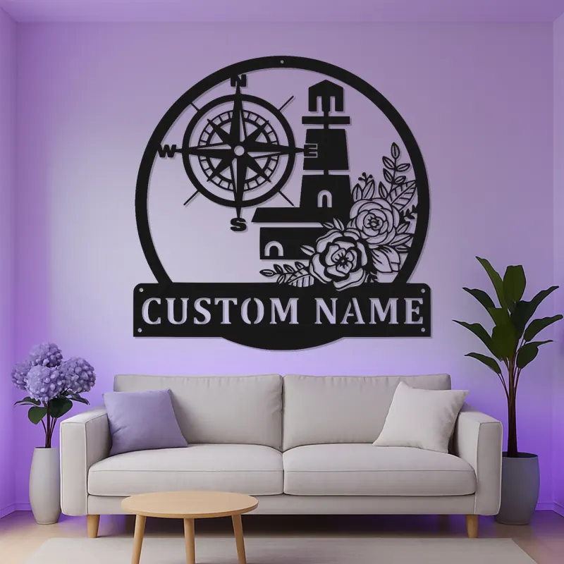 Cartel náutico de faro y brújula | Decoración mural de metal personalizada con LED | Decoración costera personalizada para casa de playa
