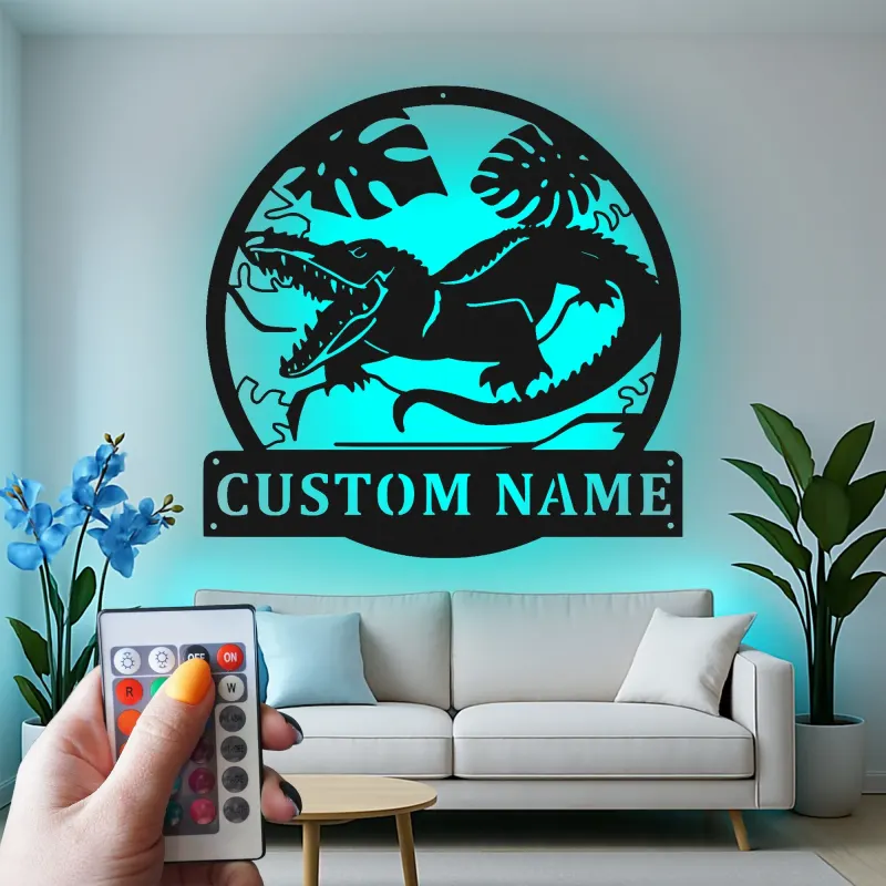 Custom Dinosaur Led Light Metal Wall Art Personalized Gift for Kids Jungle-Themed Bedroom Decor