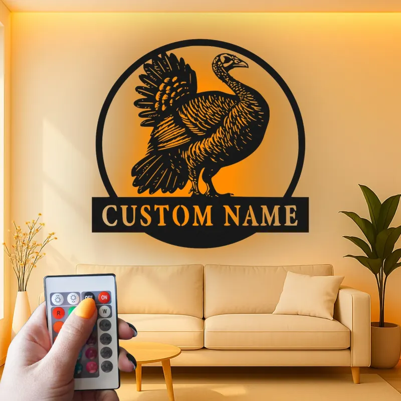 Décoration murale en métal LED personnalisée avec dinde - Cadeau pour chasseurs, décoration de ferme rustique