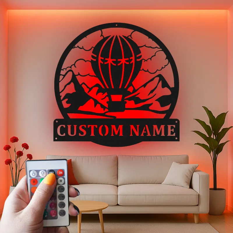 Insegna a forma di mongolfiera personalizzata | Arte in metallo LED per nursery | Decorazione avventurosa con nome personalizzato | Regalo per amante dei viaggi