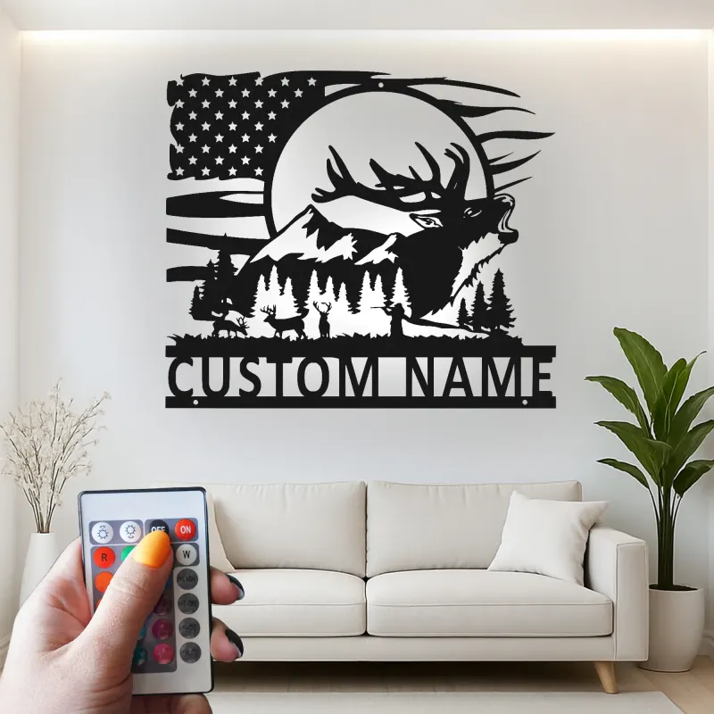 Personalisierte LED-Metall-Wandkunst mit Elch und Berg – Geschenk für Naturliebhaber, Hütten- oder Lodge-Deko