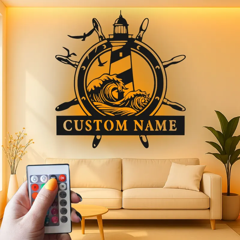 Custom Lighthouse Wall Art | Personalized LED Metal Sign with Nautical Waves | Beach House Decor & Sailor Gift