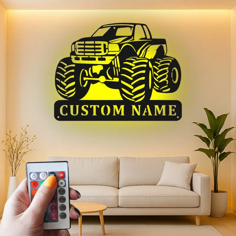 Insegna in Metallo Monster Truck Personalizzata | Luce LED da Parete Personalizzata per Stanza dei Bambini | Decorazione Veicolo Fuoristrada | Regalo per Ragazzi