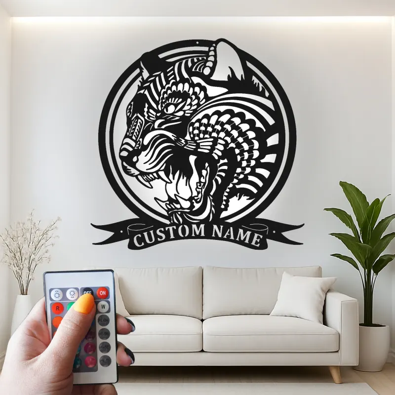 Arte in metallo LED Tigre Ruggente | Insegna personalizzata per Man Cave | Decorazione per sala giochi con nome personalizzato | Luce silhouette animale feroce