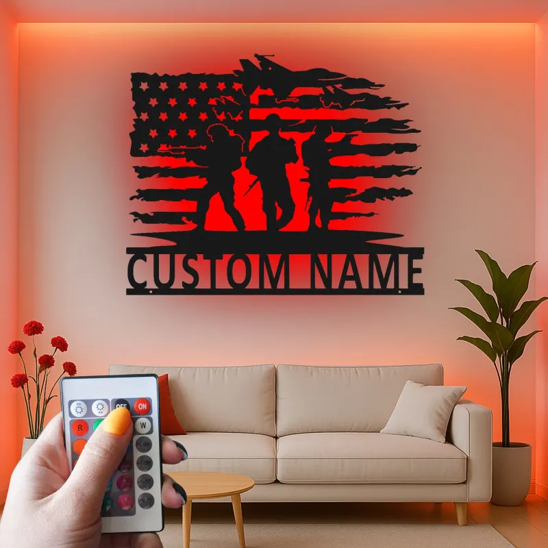 Custom Soldier Flag Metal Sign | Patriotic LED Wall Art | Personalized Military Decor for Veteran Man Cave