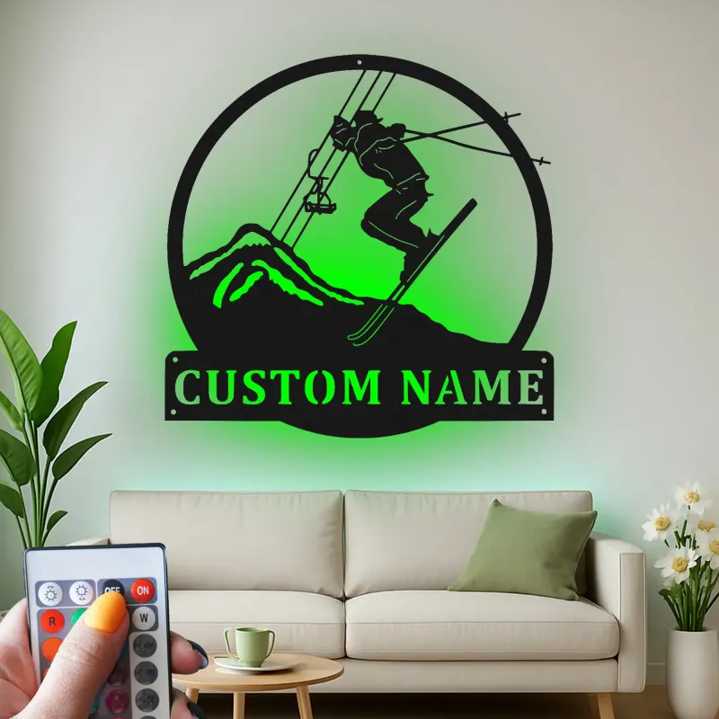 Custom Alpine Skier Metal Wall Art | LED Mountain Cabin Decor | Personalized Ski Lover Gift | Illuminated Silhouette Sign