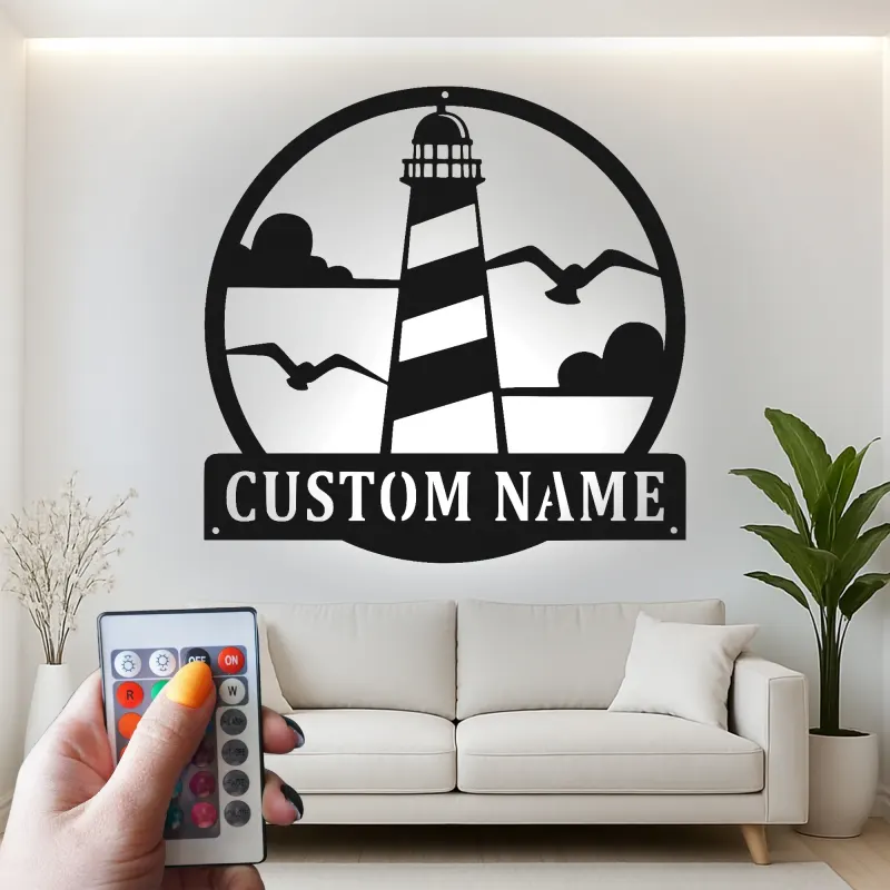 Décoration murale en métal personnalisée avec phare et rétroéclairage LED - Cadeau côtier, décoration nautique pour maison de plage