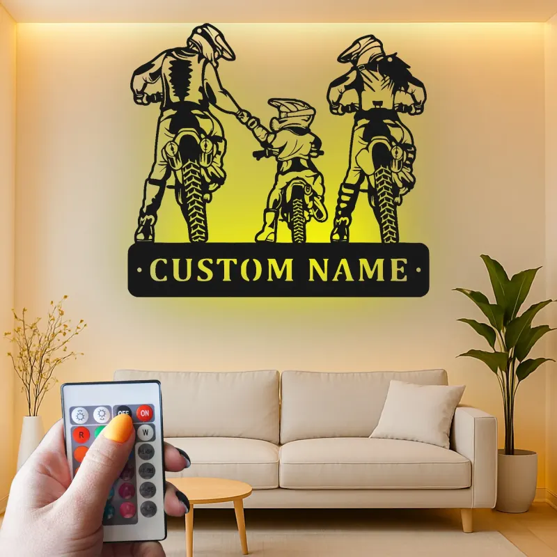 Personalisierte Familien-Motocross-Wandkunst aus Metall mit LED-Licht – Geschenk für Biker, Garage oder Man-Cave-Deko