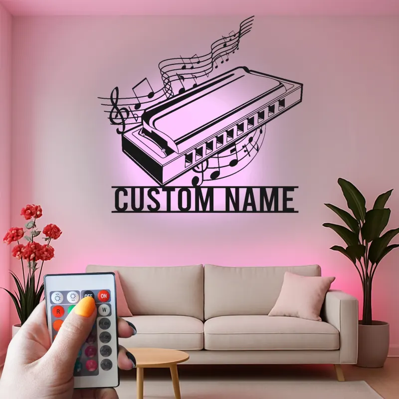 Personalisiertes Harmonica LED-Schild | Metall Musiker Wandkunst | Individuelle Musikzimmer Dekoration | Geschenk für Bluesliebhaber