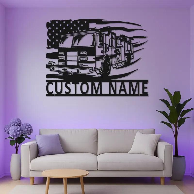 Insegna in Metallo Personalizzata per Vigile del Fuoco | Arte Murale LED Camion dei Pompieri | Regalo Personalizzato per Pompiere | Decorazione Patriottica per Stazione dei Pompieri