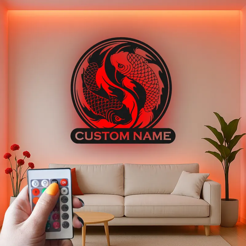 Cartel de metal de peces Koi Yin Yang | Arte mural LED personalizado | Decoración japonesa zen personalizada para sala de meditación y estudio
