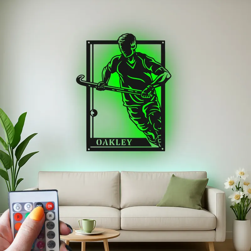 Custom Field Hockey Player Led Light Metal Wall Art Sports Gift for Athletes Game Room Decor