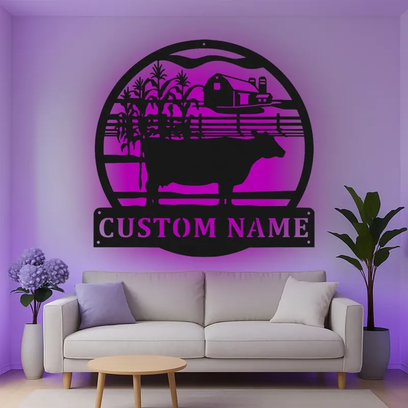 Cartel de metal LED personalizado con escena de granja y vaca, regalo rústico para agricultores, decoración de granero