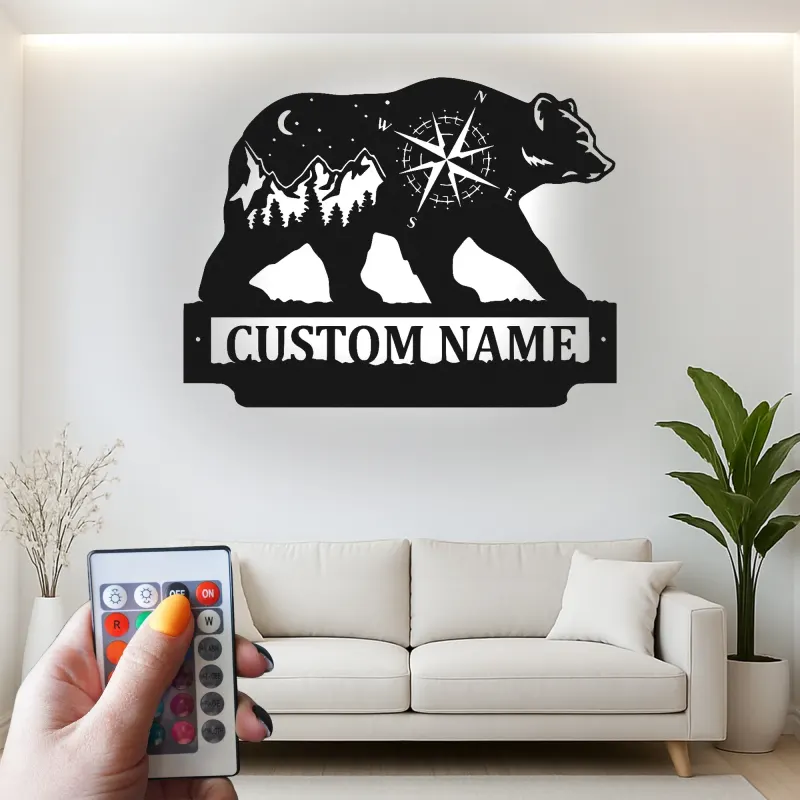 Custom Bear and Compass Led Light Metal Wall Art Personalized Gift for Nature Lovers Cabin or Lodge Decor
