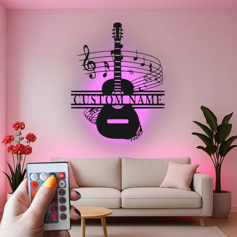 Panneau prénom guitare personnalisé | Décoration murale en métal sur mesure avec LED | Décor studio de musique | Cadeau pour musicien