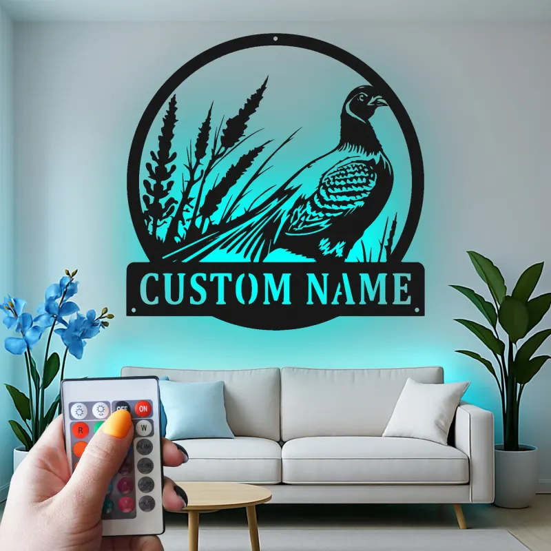 Insegna in Metallo Pheasant | Regalo Personalizzato per Cacciatori con Insegna LED con Nome | Decorazione per Cabina & Lodge
