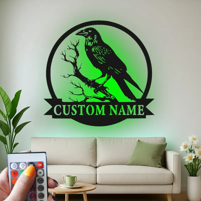 Décoration murale en métal LED Raven | Enseigne gothique personnalisée | Décor de corbeau personnalisé pour bureau et maison
