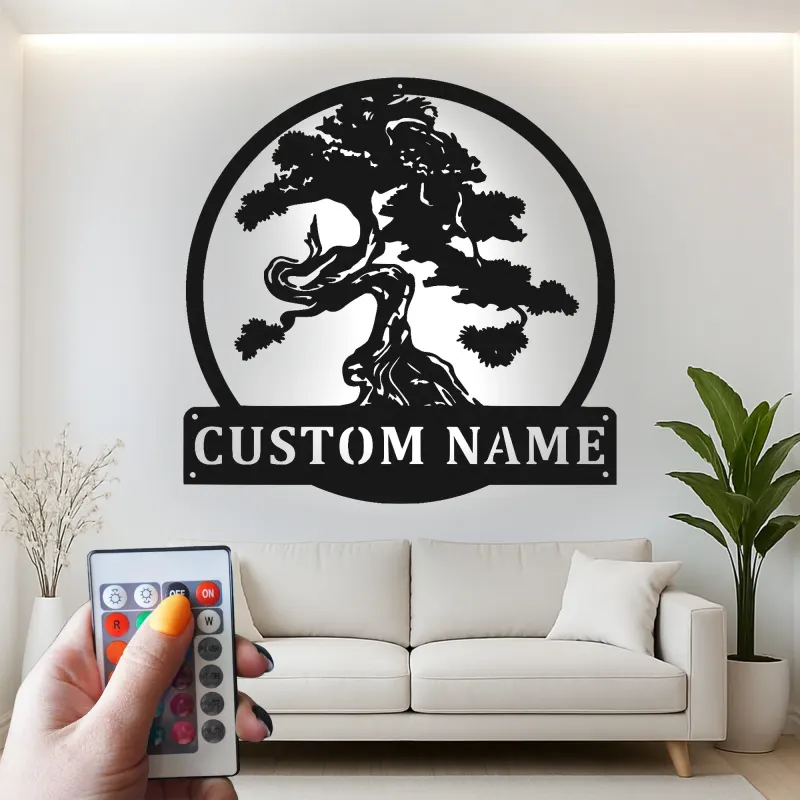 Cartel de metal personalizado con luz LED de árbol bonsái para regalo zen para hogar, decoración de sala de estar tranquila