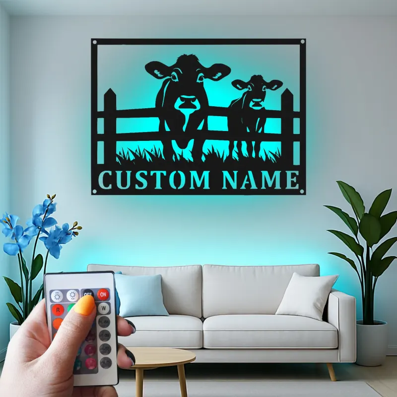 Insegna in metallo LED personalizzata con mucca e vitello - Regalo per agricoltori - Decorazione rustica per fienile