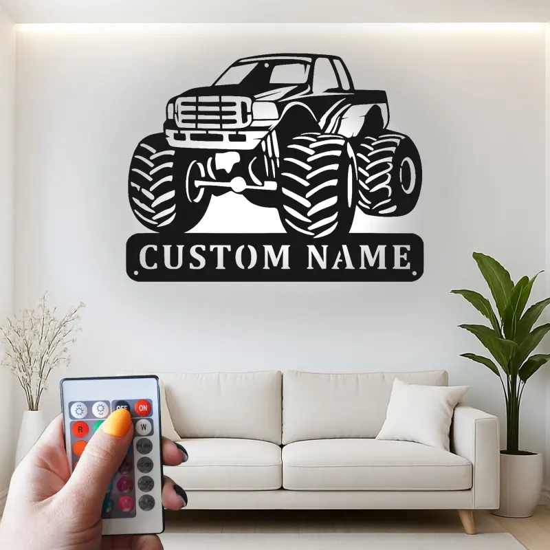 Insegna in Metallo Monster Truck Personalizzata | Luce LED da Parete Personalizzata per Stanza dei Bambini | Decorazione Veicolo Fuoristrada | Regalo per Ragazzi