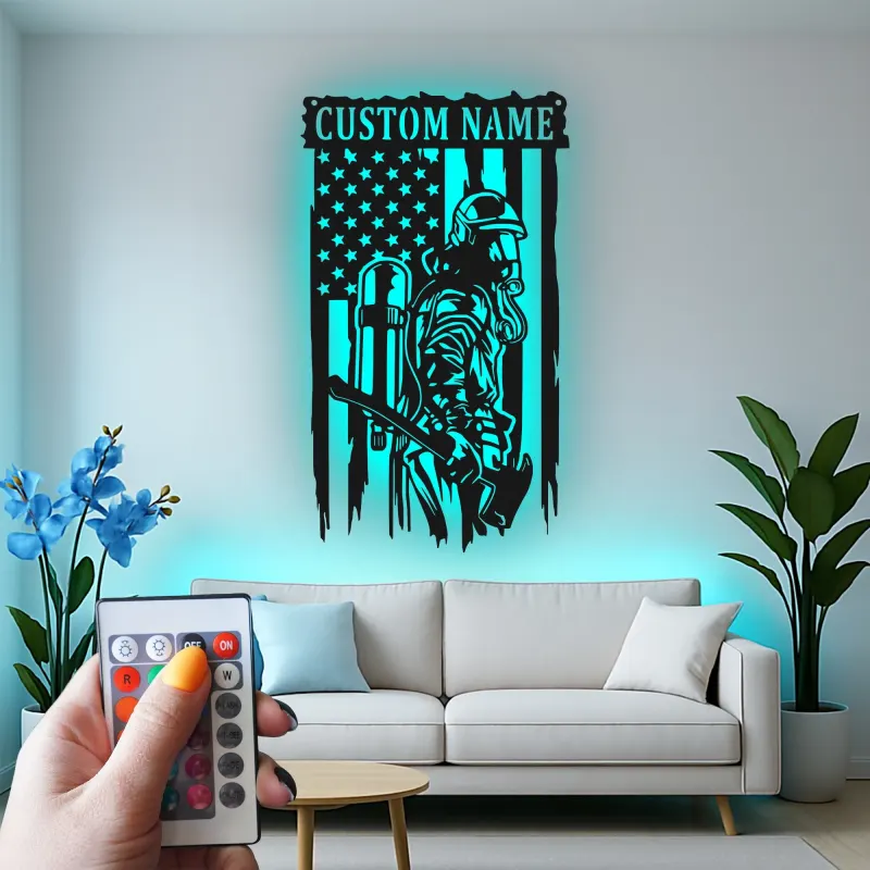Cartel LED de bombero personalizado | Arte mural de bandera americana | Regalo personalizado para bombero | Decoración de héroe en la pared