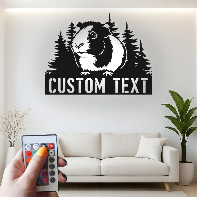 Insegna LED personalizzata con porcellino d’India | Arte murale in metallo personalizzata | Regalo per amanti degli animali per cameretta e nursery | Targa con nome dell’animale