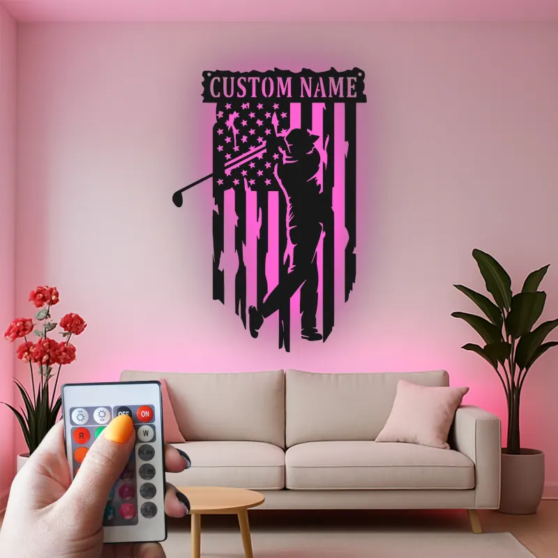 Enseigne en métal personnalisée pour golfeur | Décoration murale drapeau américain | Décor LED de golf pour man cave | Cadeau patriotique pour lui