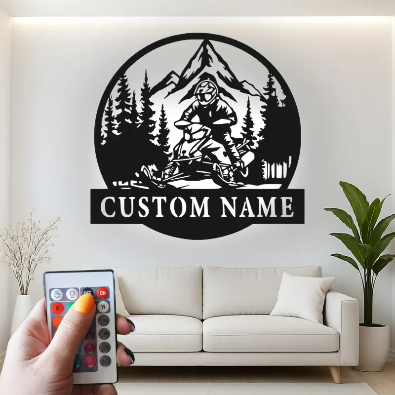 Individuelle Snowmobile LED Metall-Wandkunst | Personalisierte Bergfahrer-Schild | Geschenk für Snowmobiler & Hütten-Dekor
