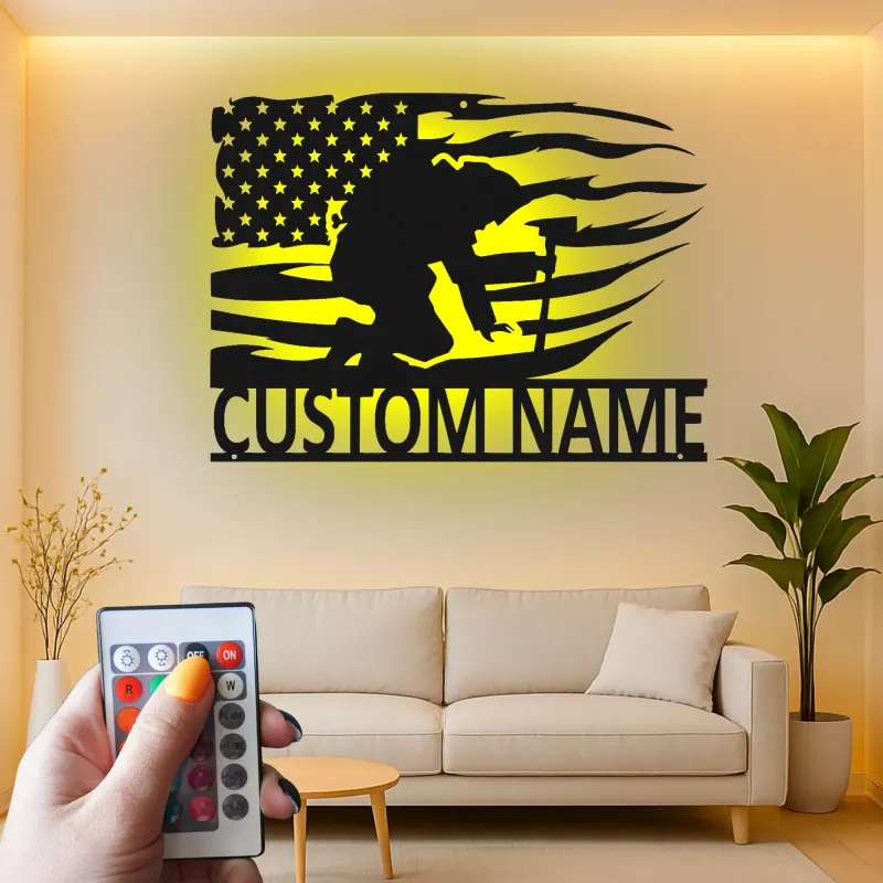 Insegna per Vigile del Fuoco Personalizzata | Arte Murale in Metallo LED Personalizzata | Regalo Patriottico per Decorazione Man Cave