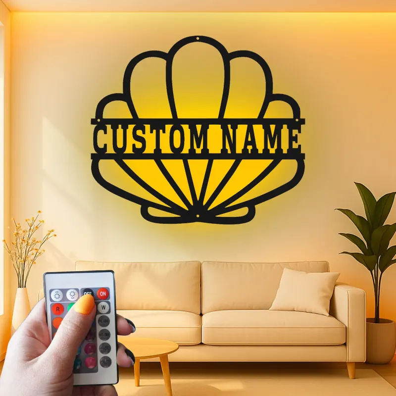 Personalisierte Muschel-Metallschild mit LED | Personalisierte maritime Wandkunst | Dekoration für Strandhäuser & Küstengeschäfte