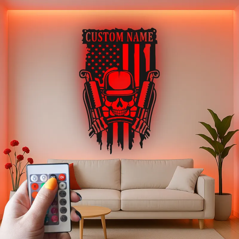 Panneau Métal Crâne Personnalisé avec LED | Décoration Murale Personnalisée Drapeau Américain | Cadeau pour Vétéran Militaire pour Cave à Hommes, Garage ou Bureau