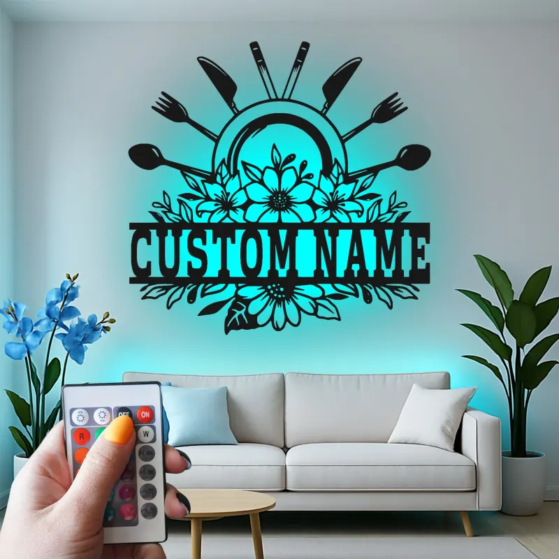 Plaque de cuisine personnalisée | Décoration murale en métal LED avec fleurs | Décor sur mesure avec ustensiles de chef | Cadeau pour maman pour restaurant et maison